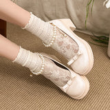 Purpdrank  Elegant Pearls Chain High Heels Mary Jane Shoes Women 2025 Bowknot Thick Heel Pumps Woman Round Neck Patent Leather Party Shoes