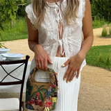 Purpdrank  Summer New Women's Fashion and Elegance Slim Fit Versatile Bow embellishment Embroidered Short Top