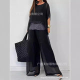 Purpdrank  Luxury High-end Women 2 Pieces Set Summer Chiffon O Neck Short Sleeve Beaded Patchwork Top Wide Leg Pant High Waist Trouser Suit