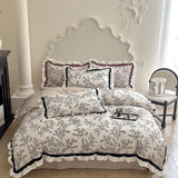 Purpdrank  500TC Egyptian Cotton Vintage French Rose Flowers Print Ruffles Bedding Set Duvet Cover Flat/Fitted Bed Sheet Pillowcases 4Pcs