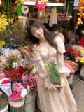 Purpdrank  Girls long dresses Square Neck puff sleeves Floral Long Sleeve Chiffon Dresses Women's clothing Summer vestidos largostraf
원피스