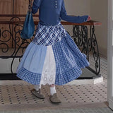 Purpdrank  Harajuku Plaid Midi Skirt Women Japanese Lace Patchwork Skirts Summer Korean Fashion High Waist Casual A Line Faldas New