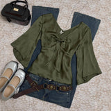 Purpdrank   Spring New Women's Elegant Satin Blouse V Neck Tie Front Flared Bell Sleeve Fitted Waist Top Chic Office Party Blouse