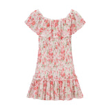 Purpdrank  Romantic Pink Floral Print Ruched Slash Shoulder Short Sleeve Chiffon Dress Women Elastic Body Ruffles Hem Mini Dresses Vestidos