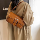 Purpdrank  Retro Women Bags Belt Buckle Design Single Shoulder Bag Flap Shape Pure Color Casual Street Underarm Satchels Latest
