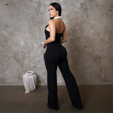 Purpdrank  Sexy Halter Backless Wide Leg Jumpsuit Women Sleeveless Bow Tie Diamonds Button High Waist Romper One Piece Overalls Combinaison