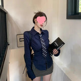 Purpdrank  Slim Fit Long Sleeve Shirt American Style Hot Girl Waist Cinching Dark Blue College Preppy Layering Design Women's Button up Top