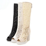 Purpdrank  Ladies Summer Boots Peep Toe Chunky Heels Lace Mesh Splice Big Size 33-43 Black Whiete Fashion Sexy S4036
