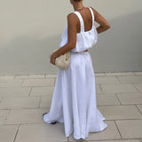 Purpdrank  High Street Exposed Navel Casual Outfits White Simple Summer Women's Suit Square Collar Camisole Top+Wide Leg Pants Holiday Set