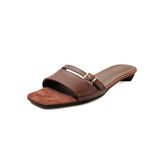 Purpdrank   Summer Brand Metal Belt Buckle Design Low Heel Sandals Women Fashion Street Style Square Toe Mules Slippers Zapatos De Mujer
