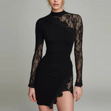 Purpdrank  Fashion Turtleneck Long Sleeve Short Dress Lady Sexy Asymmetrical Hem Party Dress 2026 Elegant Lace Sheer Mesh Ruched Mini Dress