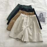 Purpdrank - Breathable Cotton Linen Shorts Japanese Retro High Waist Wide Leg Bermuda Shorts Suit Casual Summer Woman Loose