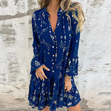 Purpdrank  Gold Bronzing Geometry Print Pleated Dresses Women Spring V Neck Button Hollow A-Line Dress Autumn Flare Sleeve Lace Party Dress