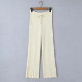Purpdrank  New Autumn Fashion Rib Knit Wide Leg Pants for Woman Bow Lacing up Elastic Waist Straight Loose Trousers Yoga Bottom Beige Pink