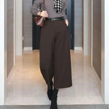 Purpdrank  Women's Autumn/Winter New Petite Casual Pants Cropped Bell Bottoms With Belt BlackWoolen Long Pants Versatile Nine-Seven-Five Pa