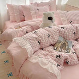 Purpdrank  Fashion Lattice Bedding Set Bed Sheet Cute Princess AB Double Sided Ruffle Flower Quilt Cover Pillowcase Bedclothes Home Textile