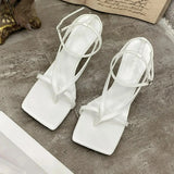 Purpdrank  New Fashion Pinch Narrow Band Women Sandals 2025 Summer Square Open Toe Ankle Buckle Strap High Heels Ladies Shoes