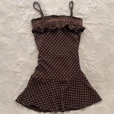Purpdrank   New Summer Style Literary Retro Temperament Design Polka Dot Printed Suspender A-line Skirt for Women Brown Short Skirt