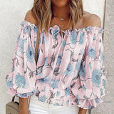 Purpdrank  Women Long Sleeve Off Shoulder Floral Print Summer Causal Lace Up Blouse Tops Shirts Female Blouses Sexy Casual Blouse For Women