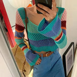 Purpdrank  Flare Sleeve Knitting Pullovers Women Rainbow Stripe Hollow Out Crop Tops Y2K Korean Loose O Neck All-Match Sunscreen Jumper