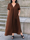 Purpdrank  Summer Fashion Elegant Women's Dress V-neck Cotton Linen Solid Color Pleated Short Sleeve Casual Pocket Split Long Dress