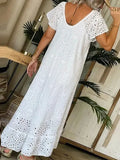 Purpdrank  Women's Casual White Swing Party Dresses YK2 Ladies Elegant O-neck Hollow Long Dress Vestidos Summer Loose Short Sleeve Dress