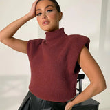 Purpdrank  Turtleneck Sleeveless Vest Sweater Women With Shoulder Pads Knitted Pullover Autumn Winter Jumper Casual Tops Fashion