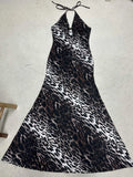 Purpdrank  Sexy Lace-up Deep V Halter Leopard Print Long Dress Women Fashion Sleeveless Backless Bodycon Mermaid Evening Party Gown