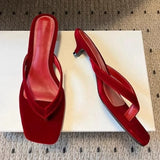 Purpdrank  Red Satin Kitten Heel Design Slippers Women Summer Sexy Clip Toe Brand Flip Flops Comfort Square Toe Outdoor Casual Beach Shoes