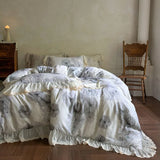 Purpdrank  Rose Flowers Print Lace Ruffles Bedding Set Lyocell Soft Silky Cool Feeling Duvet Cover Flat/Fitted Bed Sheet Pillowcase 4Pcs