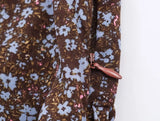 Purpdrank  Women Black Floral Print Flare Long Sleeve Chiffon Dress Stand Collar Slit Backless Ruffles Hem Mini Shirt Dresses Robe