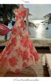 Purpdrank  Super Fairy Large Swing Atmosphere Pink Rose Flower Retro Square Neck Strap Long Dress Design Sense Beach Vacation Dress