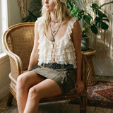 Purpdrank  Creamy Lace Ruffled Layered Strappy Top Women Blouses Vintage Sleeveless O Neck Cropped Camisole Boho Beach Sheer Tanks Tops