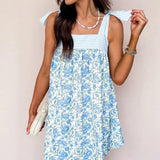 Purpdrank   New Women's Floral Print Tie Strap Mini Dress Striped Bodice Backless Babydoll Dress Casual Summer Vacation Dress