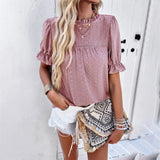 Purpdrank  Summer Women's T-shirt Lace Collar Female Short Sleeve Tops Solid Color Hollow Out Lady's Blouse Women's Bottoming Shirt