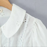 Purpdrank  Sweet White Embroidery Hollow Out Hole Splice Lace Peter Pan Collar Short Sleeve Shirt Women Ribbon Front Slim Crop Tops