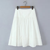 Purpdrank  New Holiday Buttons Low Waist Midi Long Skirt Women Spliced Ruched Wood ears Swing A-lined Skirts Boho Yellow White