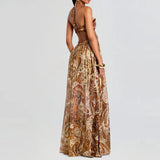 Purpdrank  Elegant Backless Lace-Up Bohe Beach Dress Vintage Pattern Print Swing Party Dress Women Sexy Halter Sleeveless Pleat Long Dress