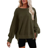 Purpdrank  European And American Women's Oversized round Neck Sweatshirt Long Sleeve Side Slit Sweater for Autumn Winter New