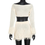 Purpdrank  Sexy Tassel Two Piece Women Crocheted Knit Skirts Sets 2025 Autumn Winter Off Shoulder Long Sleeve Cropped Tops and Mini Skirt
