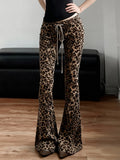 Purpdrank  Fashion New Leopard Print Flare Pants Women's Drawstring Tie Up Waist Slim Long Trousers Hot Girl Streetwear Trendy Pants