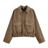 Purpdrank  New Classic Lapel Collar Zipper Jacket  Women Long Sleeves With Pockets Short Coat  Autumn Winter Female High Streetwear