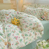 Purpdrank  Cute Floral Duvet Cover Set Ins Korean Style with Flat Sheet Pillowcase No filler Washed Cotton Queen Full Twin Home Bed Linen