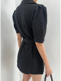 Purpdrank  Summer Vintage Double Breasted Women's Short Blazer Dresses Sashes 2025 New Short Sleeve Casual Loose Mini Dress Female