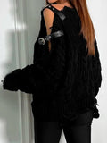 Purpdrank  Sexy Hole Hollow Out Tassel Crochet Cropped Sweater Women 2025 Autumn Winter Long Sleeve Buckle Belts Knitted Pullovers Female