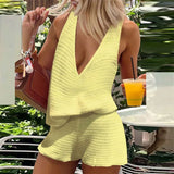 Purpdrank  Spring Casual Solid Knit 2 Piece Set Sexy Deep V Neck Vest Top And Shorts Outfit New Summer Beach Vacation Women's Suit Harajuku