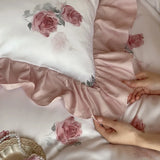 Purpdrank  4Pcs Lyocell Soft Silky Cooling Summer Bedding Set Rose Floral Prints Ruffles Duvet Cover Set Bed Sheet/Fitted Sheet Pillowcases