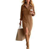 Purpdrank  Women's Corduroy Maxi Dress Lapel Collar Button Down Long Sleeve Casual Shirt Dress With Pockets Loose Side Slit Office Dresses