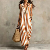 Purpdrank  Boho Striped Print Loose Maxi Dress Women Summer Fashion Sleeveless V-neck Long Dresses Elegant