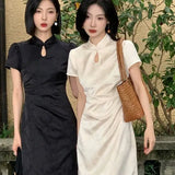 Purpdrank  New Chinese Style Waistband Slimming And Improved Qipao Summer Dress New Women Short Sleeve Long Patry Dress